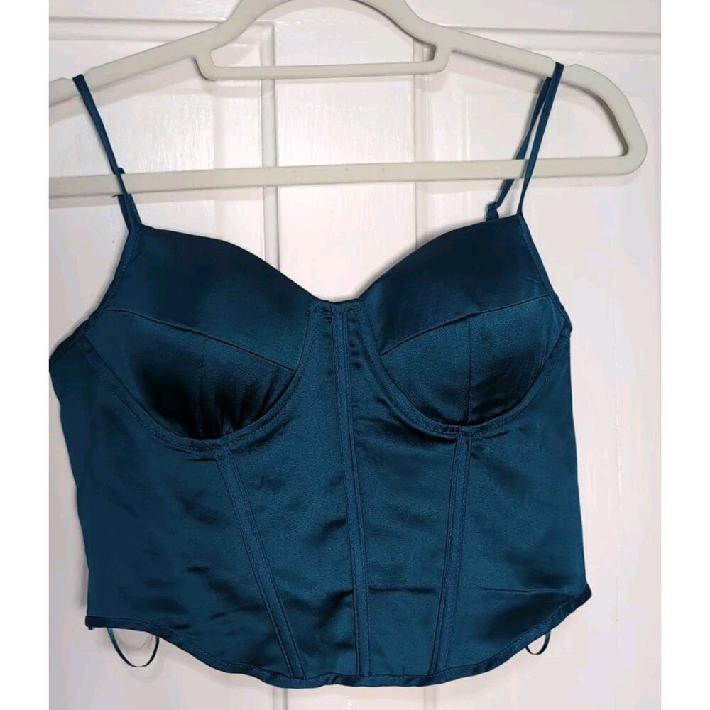 Y2K Sincerely Jules Teal Satin Corset Top Smocked Adjustable Women's M(1197)